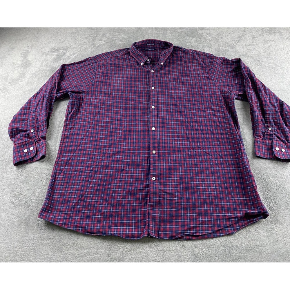Tommy Hilfiger Mens 2XL Regular‎ Fit Stretch Plaid Button Shirt Red Navy Blue